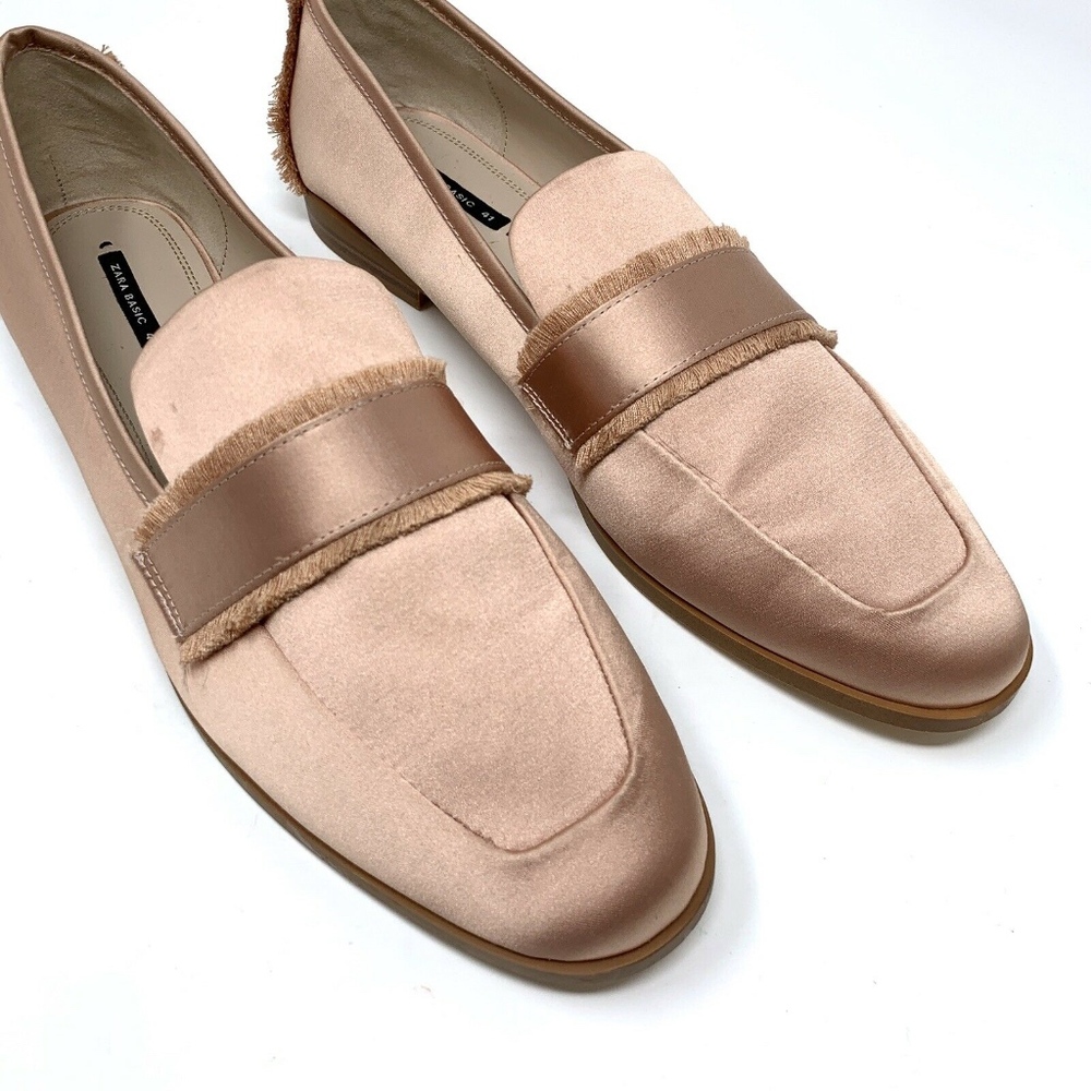 Zara Pink Satin Flats Frayed Loafers - Picture 3 of 8
